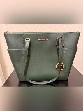 Michael Kors Charlotte Large Tote Racing Green & Gold Leather Shoulder Bag NWT